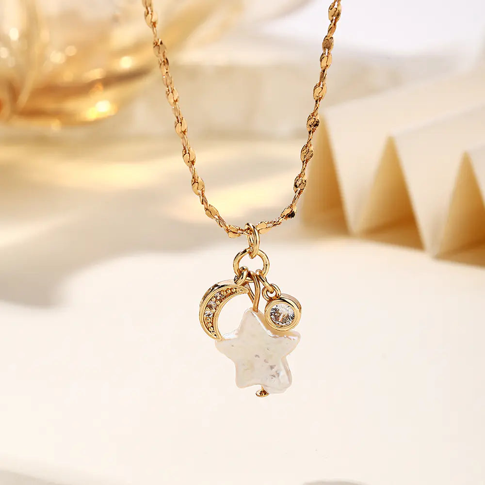 Fresh Style White Shell Star and Moon Necklace EJ25N06682G