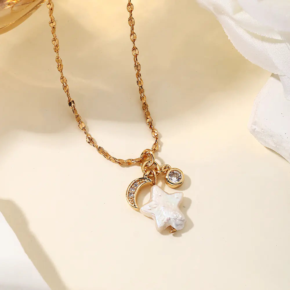 Fresh Style White Shell Star and Moon Necklace EJ25N06682G