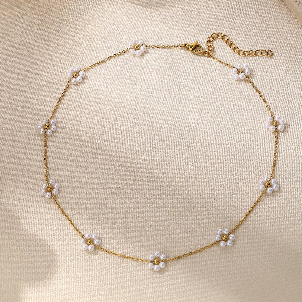 Stainless Steel Adjustable Pearl Flower Necklace    EJ25N06265G