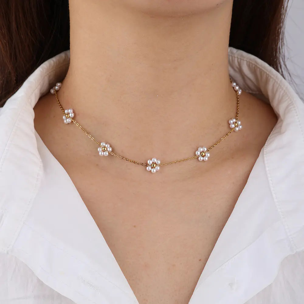Stainless Steel Adjustable Pearl Flower Necklace    EJ25N06265G