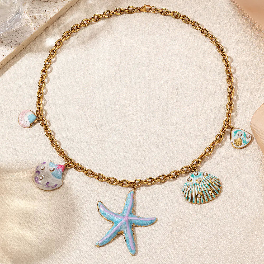 Blue Seastar Design Stainless Steel Necklace   EJ25N06514G