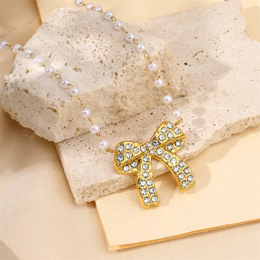 White Rhinestones Bow Design Necklace    EJN06048G