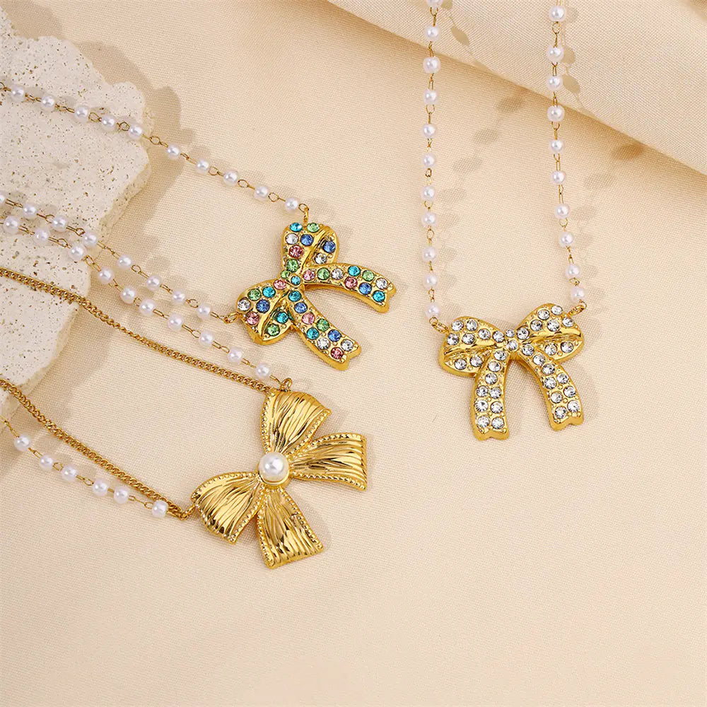 Colored Rhinestones Bow Design Necklace  EJN06049G
