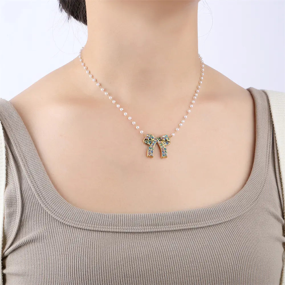 Colored Rhinestones Bow Design Necklace  EJN06049G