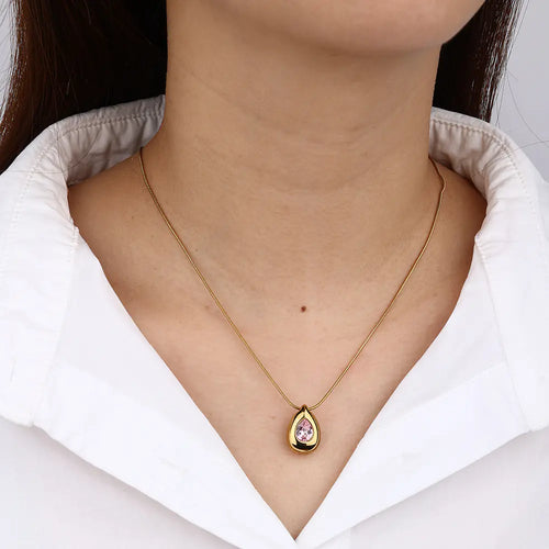 316L Stainless Steel Colorful CZ Oval Shape Necklace  EJ25N06601G
