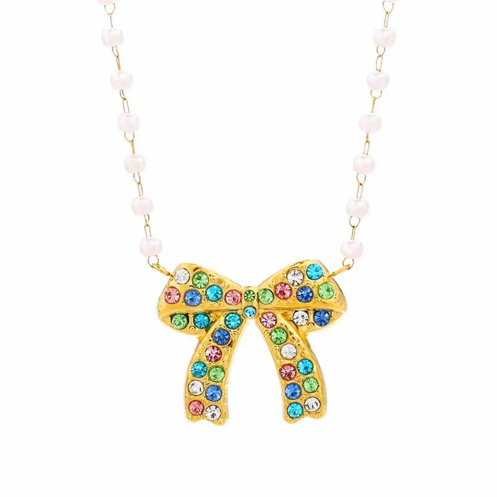 Colored Rhinestones Bow Design Necklace  EJN06049G