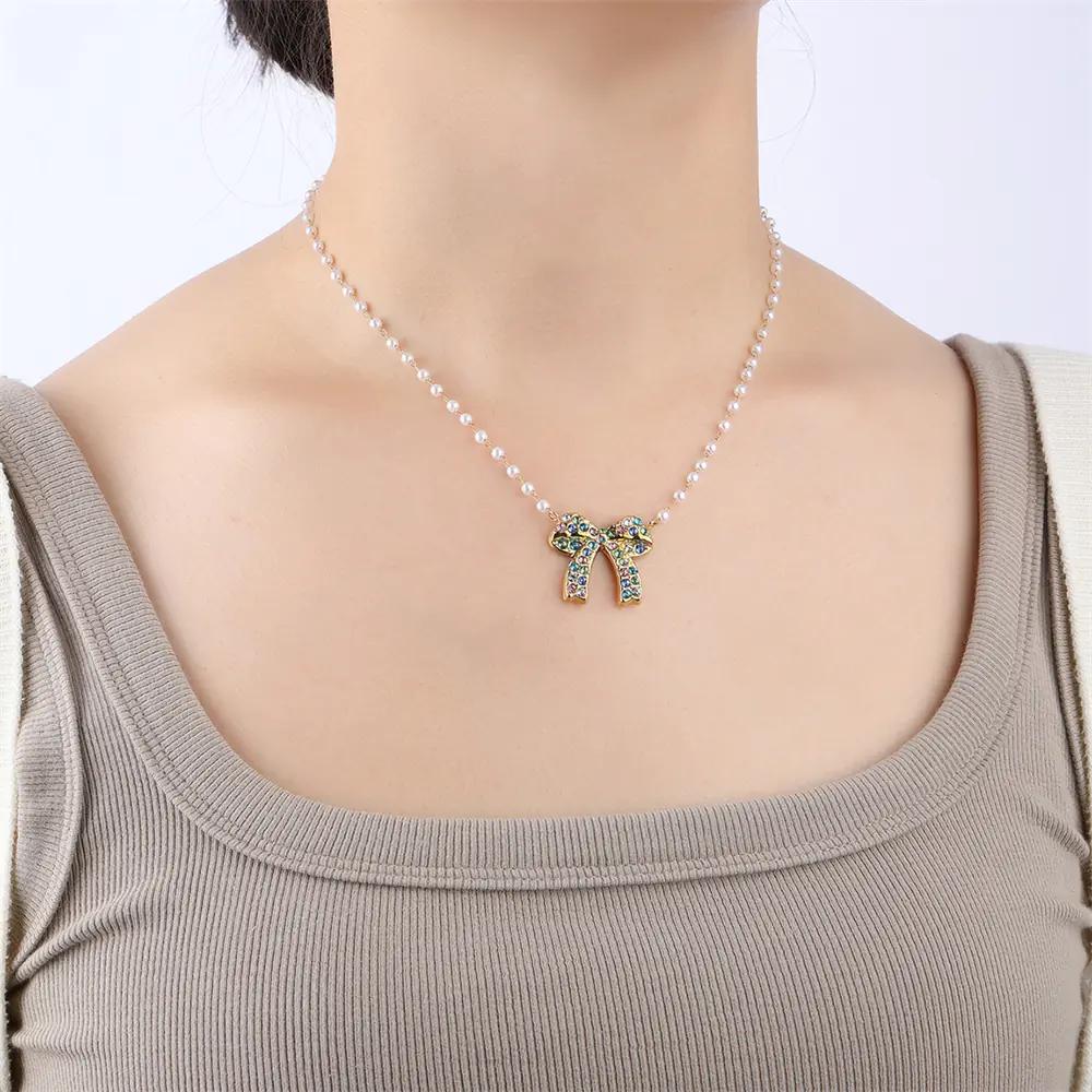 Colored Rhinestones Bow Design Necklace  EJN06049G