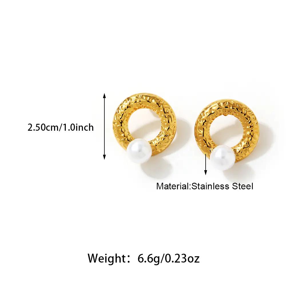 Hammer Marks Circle Pearl Stud Earrings  EJE01459G