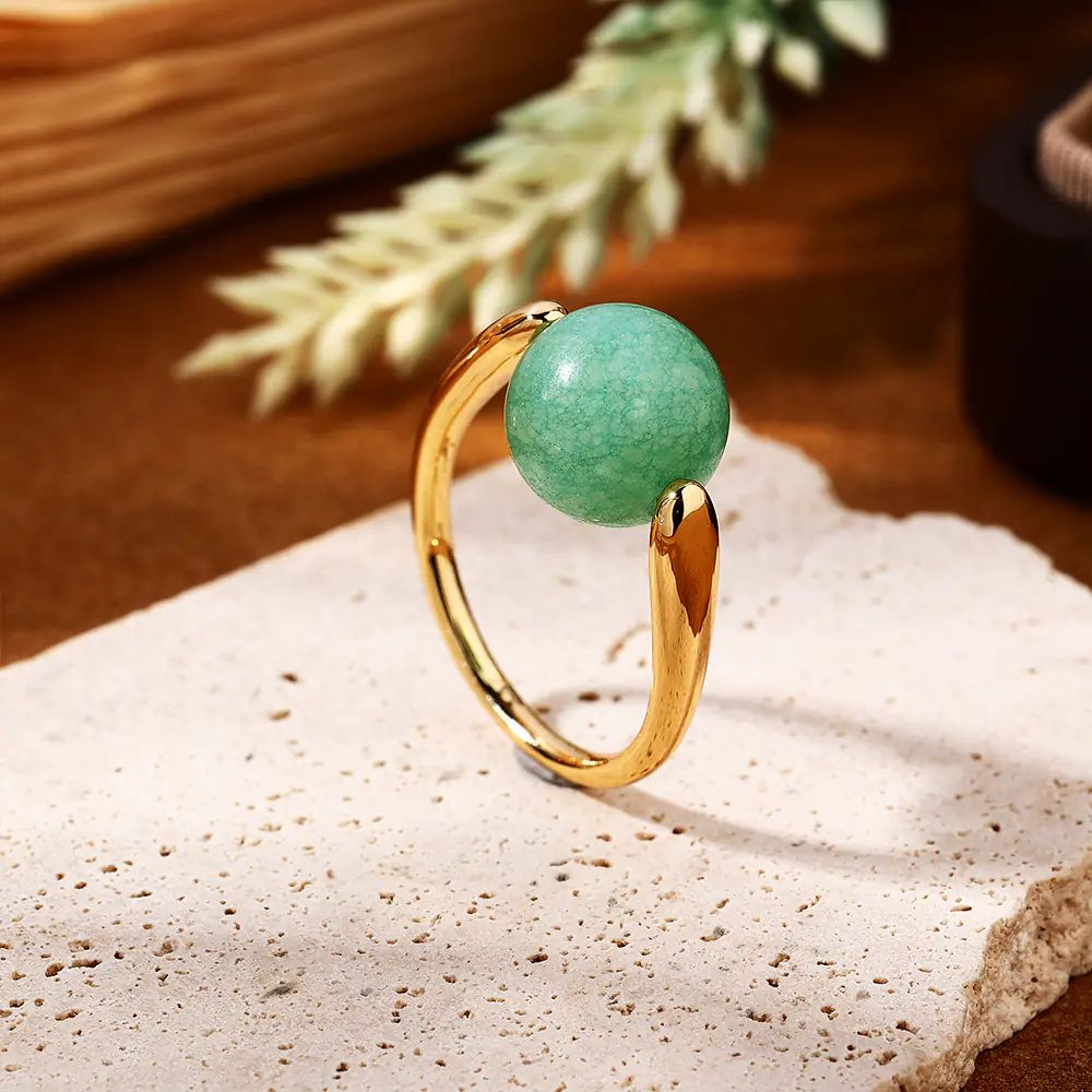 Elegent Style Green Jade Gold Plated Brass Ring EJR01762G-7