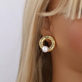 Hammer Marks Circle Pearl Stud Earrings  EJE01459G