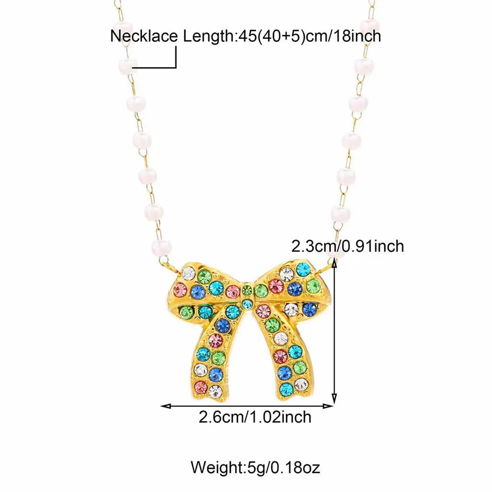 Colored Rhinestones Bow Design Necklace  EJN06049G